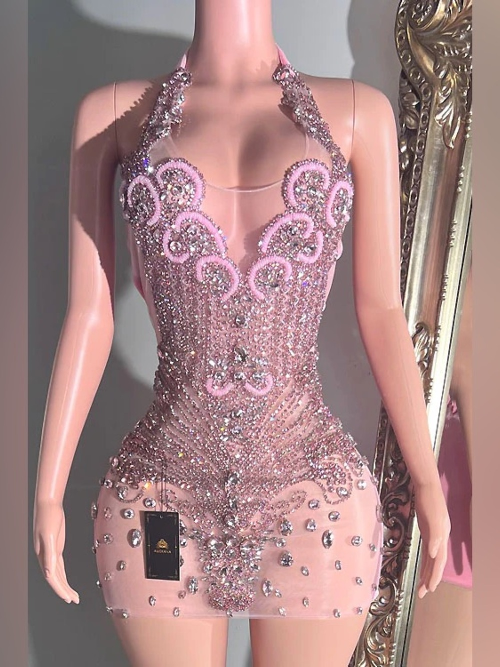 Bodycon Bedazzled Gem Sheer Pink Dress with Velvet Back - Picture 9 of 9